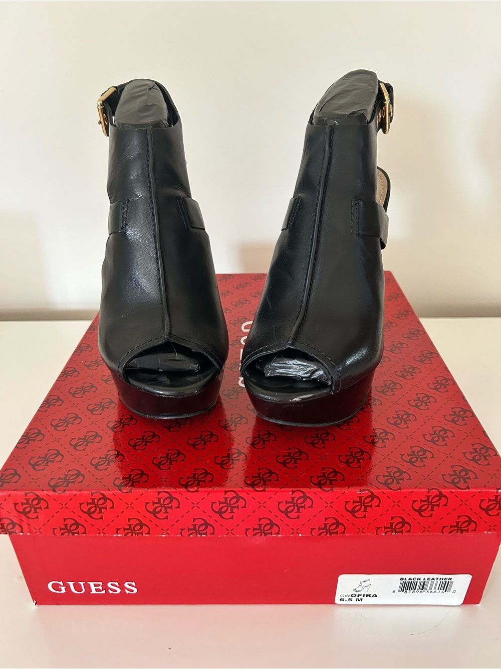 GUESS Black Leather Open-Toe Platform Slingback Heels